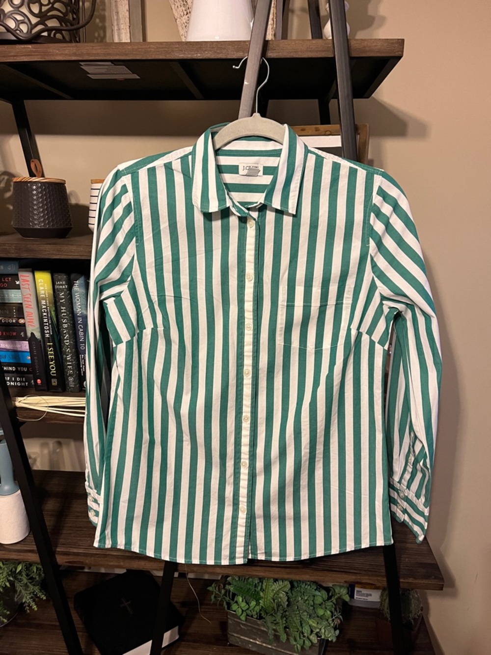 J. Crew Factory Green and White Striped Button-Down Shirt